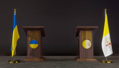 Ukrayna ve Vatikan bayrakları. Ukrayna ve Vatikan bayrağı. Ukrayna ve Vatikan görüşmeleri. Konuşma için Rostrum. 3B çalışma ve 3B resim.