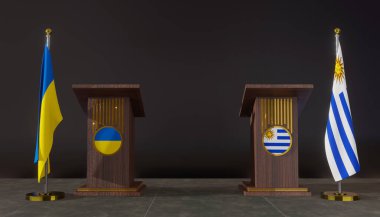 Ukrayna ve Uruguay bayrakları. Ukrayna ve Uruguay bayrağı. Ukrayna ve Uruguay görüşmeleri. Konuşma için Rostrum. 3B çalışma ve 3B resim.