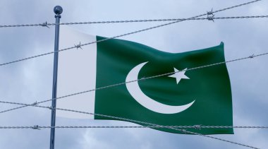 Pakistan 'a karşı yaptırımlar. Dikenli telli Pakistan bayrağı. 3B çalışma ve 3B illüstrasyon