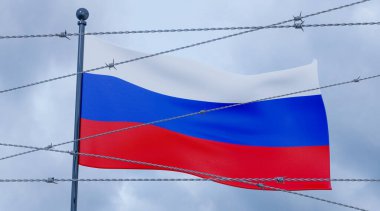 Sanctions on Russia. flag Russia with Barbed Wire. 3D work and 3D illustration