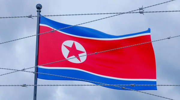 Κυρώσεις Κατά Της Βόρειας Κορέας Σημαία Της Βόρειας Κορέας Συρματόπλεγμα — Φωτογραφία Αρχείου