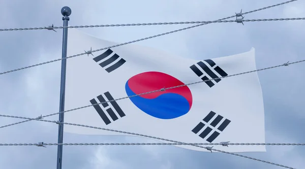 Sanções Contra Coreia Sul Bandeira Coreia Sul Com Arame Farpado — Fotografia de Stock
