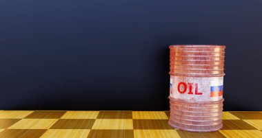 Rus petrolü, petrol varili geçmişi, dikenli telli Rusya bayrağı, Rus petrolüne yaptırımlar. Satranç tahtasındaki yağ varili. 3B çalışma ve 3B illüstrasyon