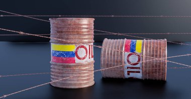 Venezuela oil, oil barrel background, Venezuela flag on barrel with Barbed Wire, sanctions on Venezuela oil. 3D work and 3D illustration