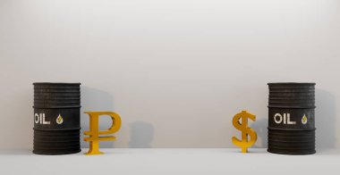 Petrol varili geçmişi, petrol varili ve Ruble, Amerikan dolarına karşı, petrol üzerindeki yaptırımlar. 3B çalışma ve 3B illüstrasyon