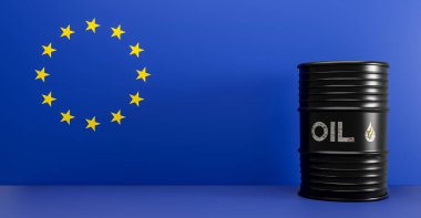 Rus petrolü, petrol varili geçmişi, Rusya bayrağı ve Avrupa, Avrupa için petrol ihraç etme. Rus petrolüne yaptırımlar. 3B çalışma ve 3B illüstrasyon