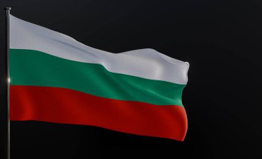 Bulgaristan bayrağı. Siyah arka planda Bulgaristan 'ın kumaş bayrağı. Uzayı kopyala 3B çalışma ve 3B illüstrasyon
