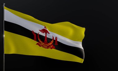 Brunei bayrağı. Siyah arkaplanda Brunei bayrağı var. Boşluğu kopyala. 