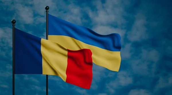 Bandeiras Roménia Ucrânia Roménia Ucrânia Céu Azul Escuro Bandeira Romênia — Fotografia de Stock