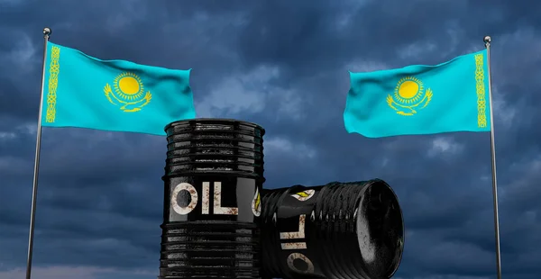 哈萨克斯坦石油 石油桶底 哈萨克斯坦旗在桶上 蓝天背景下的哈萨克斯坦石油 3D作品和3D插图 — 图库照片