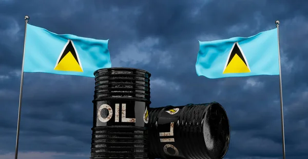 圣卢西亚石油 石油桶底 圣卢西亚旗在桶上 蓝天背景的圣卢西亚石油 3D作品和3D插图 — 图库照片