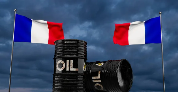 法国石油 石油桶底 法国国旗在桶上 蓝色天空背景下的法国石油3D作品和3D插图 — 图库照片