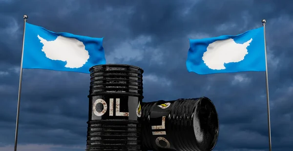 南极石油桶 石油桶背景 南极旗 蓝天背景下的南极石油 3D作品和3D插图 — 图库照片