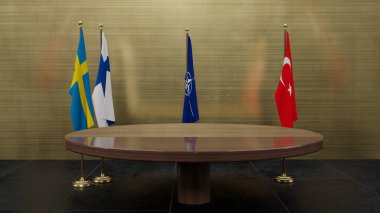 İsveç ve Finlandiya 'nın NATO' ya katılması. Finlandiya bayrağı, İsveç bayrağı, bayrak hindi ve NATO bayrağı. NATO Zirvesi. 3B çalışma ve 3B illüstrasyon