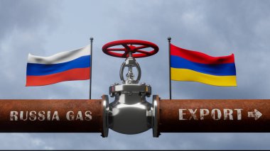 Rus doğalgazı, Rus doğalgaz boru hattı. Rusya bayrağı ve Ermenistan bayrağı, Rusya 'dan Ermenistan için doğalgaz. 3B çalışma ve 3B illüstrasyon