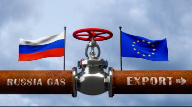 Pipe of gas from Russia to European Union, Valve on the main gas pipeline Russia, Sanctions concept, 3D work and 3D image