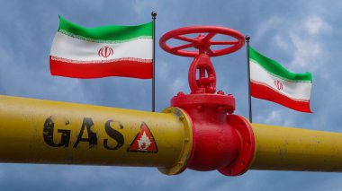 Valve on the main gas pipeline Iran, Pipeline with flags Iran, Pipes of gas from Iran, 3D work and 3D image