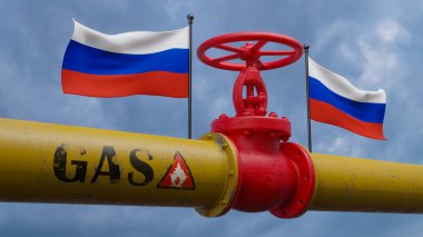Valve on the main gas pipeline Russia. Pipeline with flags Russia. Pipes of gas from Russia. 3D work and 3D image