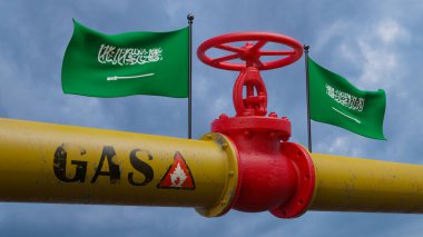 Suudi Arabistan 'ın ana gaz boru hattındaki valf, Suudi Arabistan' ın bayraklı boru hattı, Suudi Arabistan 'dan gelen gaz boruları, 3D çalışma ve 3D görüntü