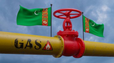 Ana doğalgaz boru hattı Türkmenistan 'daki valf, Türkmenistan' daki bayraklı boru hattı, Türkmenistan 'daki doğalgaz boruları, 3D çalışma ve 3D görüntü