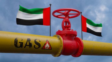 Ana doğalgaz boru hattı Birleşik Arap Emirlikleri boru hattı, Birleşik Arap Emirlikleri bayraklı boru hattı, Birleşik Arap Emirlikleri 'nden gaz boruları, 3 boyutlu çalışma ve 3 boyutlu görüntü
