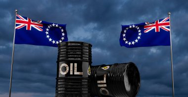 Cook Adaları petrol varilleri, Cook Adaları bayrağı ve petrol varili. Mavi gökyüzü arka planında Cook Adaları için yağ. 3B çalışma ve 3B illüstrasyon