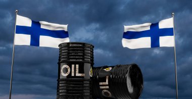 Finlandiya petrolü, petrol varili geçmişi, Finlandiya bayrağı ve petrol varili. Finlandiya için mavi gökyüzü arka planında petrol. 3B çalışma ve 3B illüstrasyon