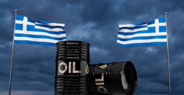 Yunanistan petrol, petrol varili geçmişi, Yunanistan bayrağı ve petrol varili. Mavi gökyüzü arka planında Yunanistan için petrol. 3B çalışma ve 3B illüstrasyon