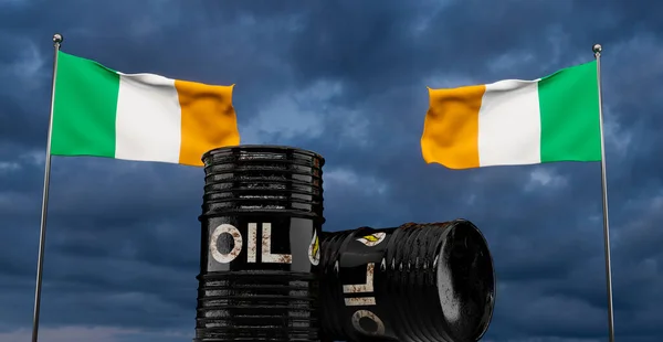 Irlandzka Ropa Naftowa Tło Baryłki Ropy Naftowej Flaga Irlandii Beczka — Zdjęcie stockowe
