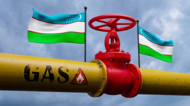 Özbekistan 'daki ana gaz boru hattının vanası. Özbekistan bayraklı boru hattı. Özbekistan 'dan gelen gaz boruları. 3B çalışma ve 3B resim
