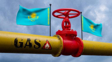 Ana gaz boru hattı Kazakistan 'daki valf, Kazakistan' daki bayraklı boru hattı, Kazakistan 'daki gaz boruları, 3 boyutlu çalışma ve 3 boyutlu görüntü