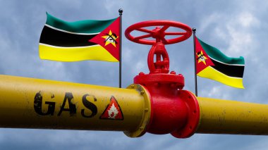 Ana gaz boru hattı Mozambik 'in vanası, Mozambik' in bayraklı boru hattı, Mozambik 'in gaz boruları, 3 boyutlu çalışma ve 3 boyutlu görüntü.