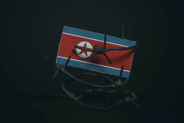 Sanções Coreia Norte Bandeira Coreia Norte Com Arame Farpado Imitação — Fotografia de Stock