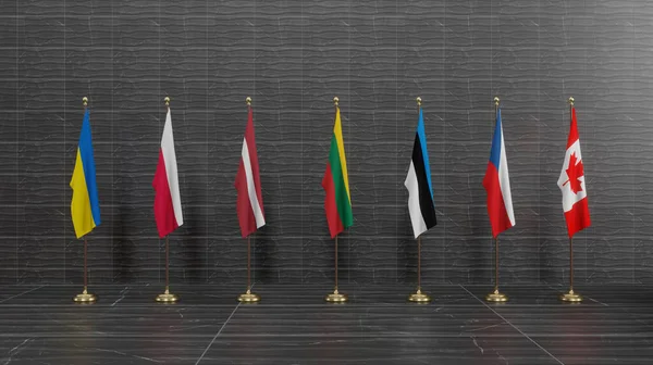 Ukraine Poland Latvia Lithuania Estonia Czechia Canada Flags Conflict Russia — Stock Photo, Image