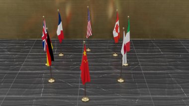 G7 zirvesi. Yedi kişilik G7 grubunun bayrakları, ülkeler listesi ve Çin bayrağı. Yedi kişilik bir grup. 3d illüstrasyon ve 3D çalışma