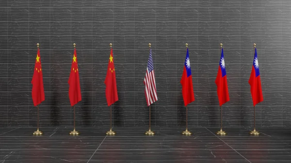 China, Taiwan, USA flags. Flag China and Flag Taiwan and Flag USA. Conflict between China vs Taiwan. 3D work and 3D image