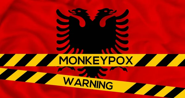 Monkeypox Албанії Албанія Прапор Фехтувальною Стрічкою Словами Застереження Мавпа Інфекція — стокове фото
