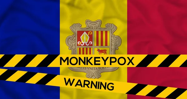 Monkeypox Andorra Andorra Bandera Con Cinta Esgrima Con Las Palabras — Foto de Stock