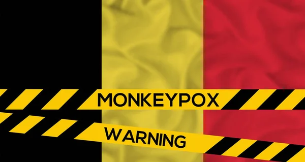 Monkeypokken België België Vlag Met Hektape Met Woorden Waarschuwing Apen — Stockfoto