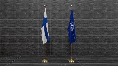 Finlandiya ve NATO bayrakları. Flag Finland ve Flag NATO. Üç boyutlu çalışma ve üç boyutlu görüntü. Erivan, Ermenistan - 30 Mayıs 2022: