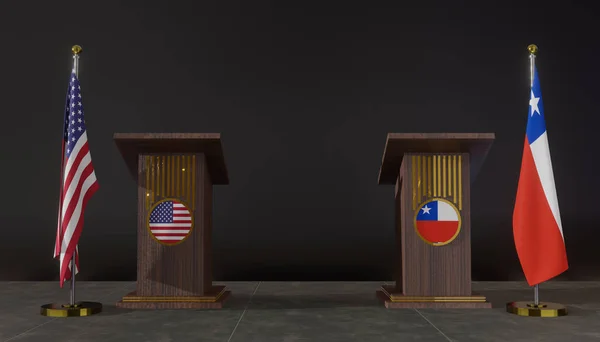 アメリカとチリ アメリカとチリの国旗 アメリカとチリの交渉 スピーチのためのロストラム 3D作品と3D画像 — ストック写真
