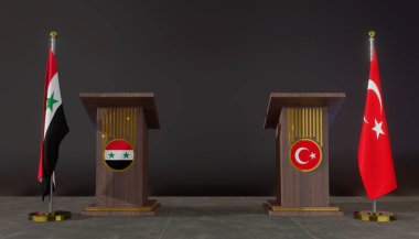 Suriye ve hindi bayrakları. Suriye ve hindi bayrağı. Suriye ve hindi pazarlığı. Konuşma için Rostrum. 3B çalışma ve 3B resim
