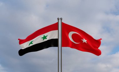 Suriye ve hindi bayrakları. Mavi gökyüzü bayrağı Suriye ve bayrak hindisi, savaş hindisi Suriye 'ye karşı 3D çalışma ve 3D görüntü