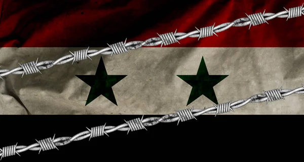 Syria flag, the flag of dirty and torn. There is barbed wire on the flag