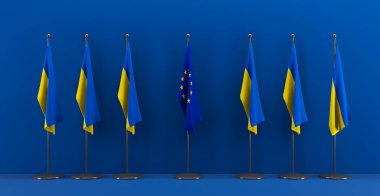 Avrupa ve Ukrayna, Bayrak Avrupa ve Bayrak Ukrayna, Avrupa - Ukrayna zirvesi, 3D çalışma ve 3D illüstrasyon.