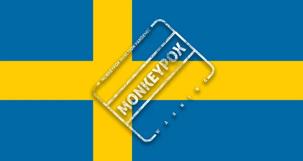 瑞典的猴天花 瑞典国旗 上面印有可获得的猴天花大流行感染图章 — 图库照片