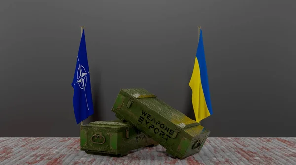 Παράδοση Όπλων Από Νατο Στην Ουκρανία Πακέτο Στρατιωτικής Βοήθειας Σημαία — Φωτογραφία Αρχείου