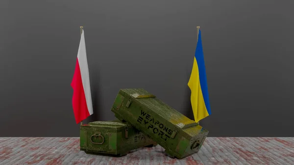 Fegyverek Szállítása Lengyelországból Ukrajnába Katonai Segélycsomag Zászló Lengyelország Ukrajna Munka — Stock Fotó