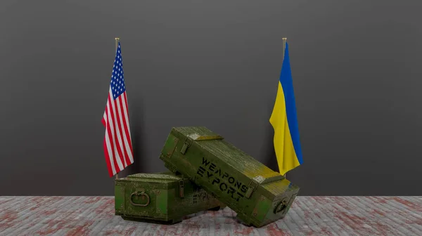 ABD 'den Ukrayna' ya silah sevkiyatı, askeri yardım paketi, ABD ve Ukrayna bayrağı, 3D çalışma ve 3D görüntü