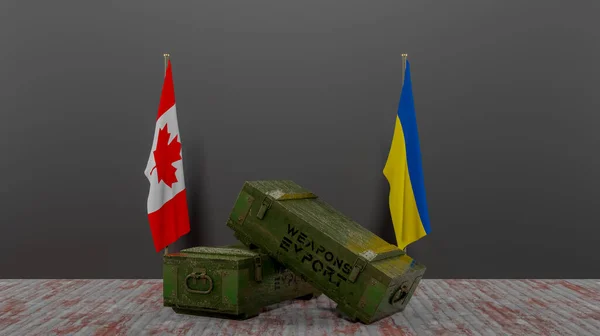 Szállítás Fegyverek Kanadából Ukrajnába Csomag Katonai Segély Zászló Kanada Ukrajna — Stock Fotó